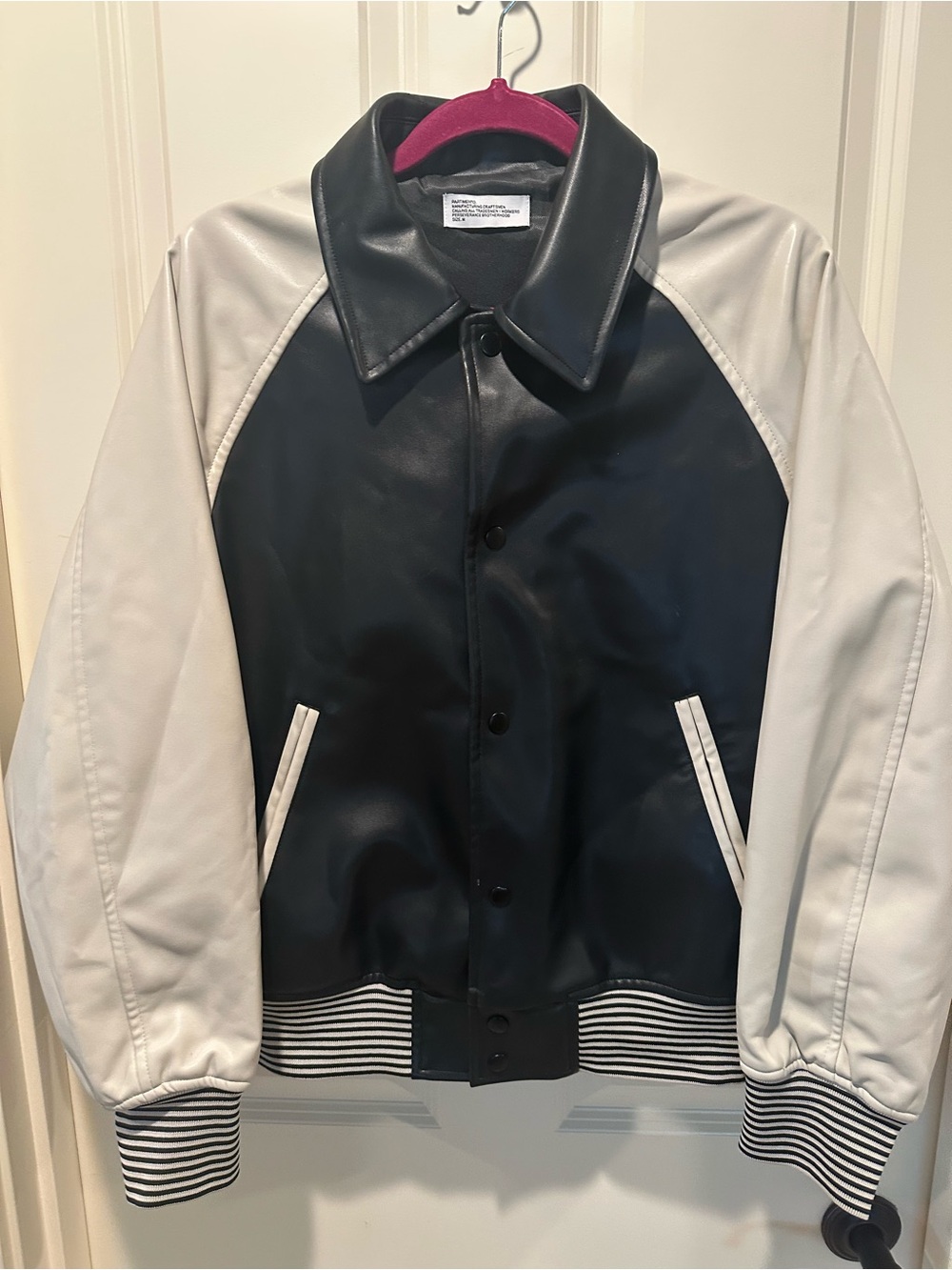 Partimento Womens Two-Tone Black and Cream Leather Bomber Jacket